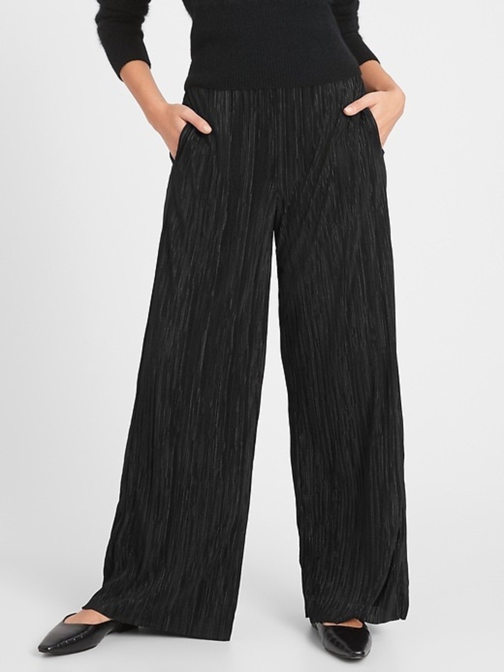 EUC Banana Republic Wide Leg Plisse Sloan Dress Pant Pockets Flowy Lined Black L